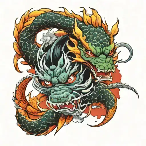 Mad Dragon And Koi Fish With A Mask On Both Their Faces