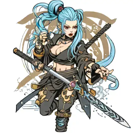 Cyberpunk Shinobi Demon Girl With Blue Hair Holding Kunais With Katana Wearing All Black