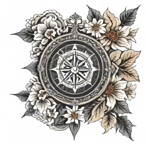 A Detailed Blackwork Tattoo Of A Compass Surrounded By Intricate Floral Patterns Inspired By Nature