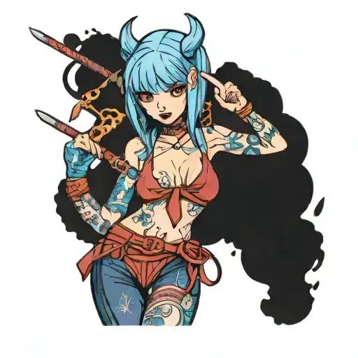Cyberpunk Shinobi Demon Girl With Blue Hair Holding Kunais