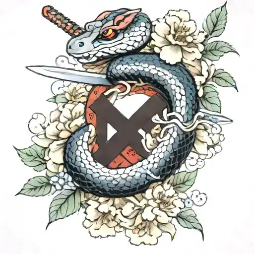 A Snake Wrapped Around A Katana Sword With Peonies Blooming In The Background