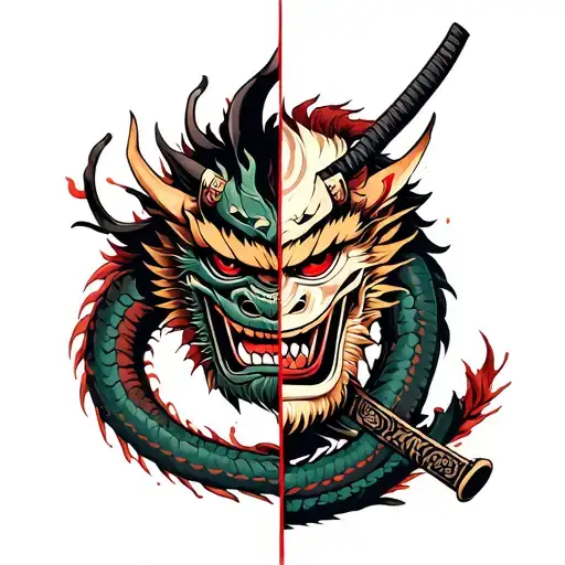 Japanese Samurai With Oni Demon Mask Split In Half By A Katana With A Dragon Spiraling Behind