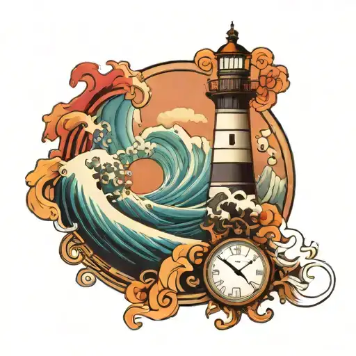Waves At The Beach With A Lighthouse And A Clock Face