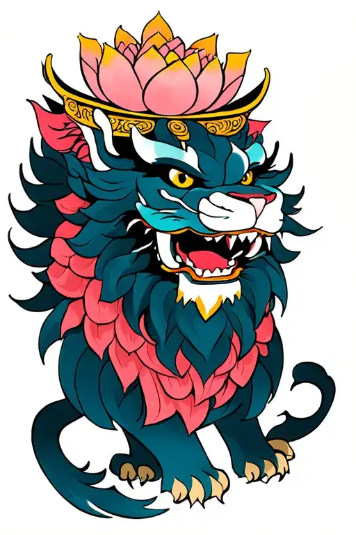 Colored Demon Lion With Crown By Lotus Flower