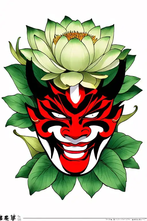 Red And Black Hannya Mask Surrounded By Green Lotus Flower