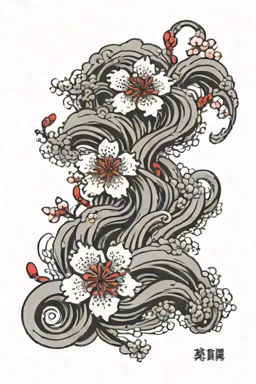Forearm Feminine Tattoo Design Of Black And Gray Waves And Red Cherry Blossoms