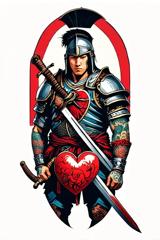 Spartan Soldier With Heart And Sword Wrapped