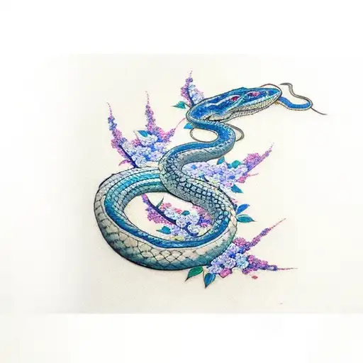 Blu Cherry Blossoms With A Snake Wrapped Around Them