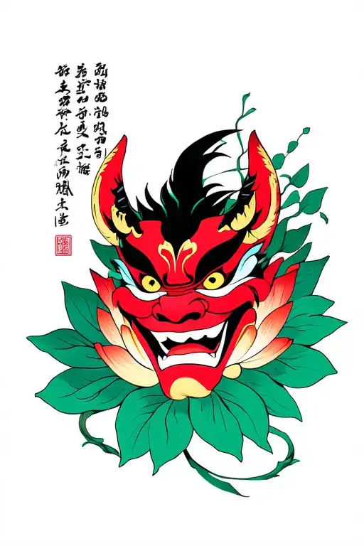 Red Hannya Mask Demon Surrounded By Green Lotus Flower