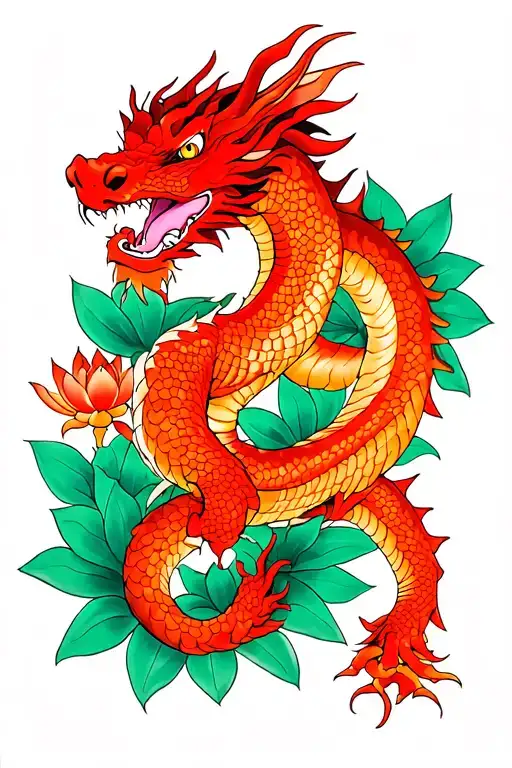 A Red Dragon Irezumi And Green Lotus Flowers In The Background