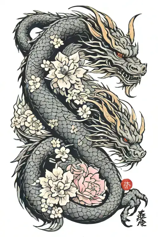 Dragon With Japanese Kanji Brave And Strength With Cherry Blossom Flowers And Samurai Sword