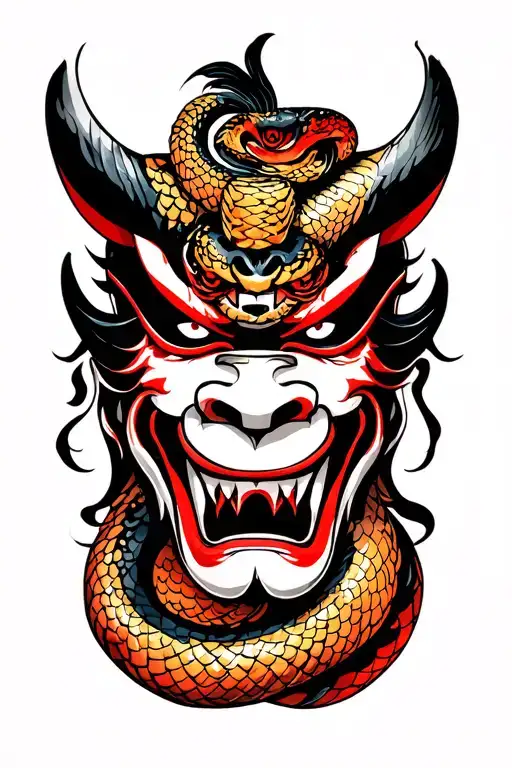 Front Facing Hannya Mask With Snake