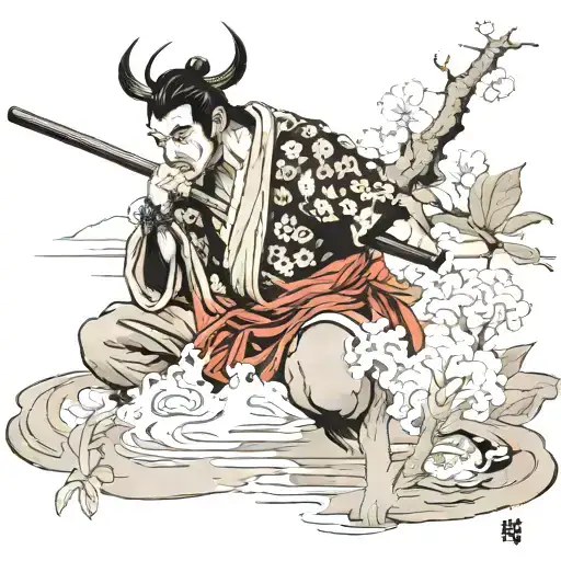 A Traditional Japanese Onsen Scene With A Samurai Warrior Relaxing In The Hot Spring