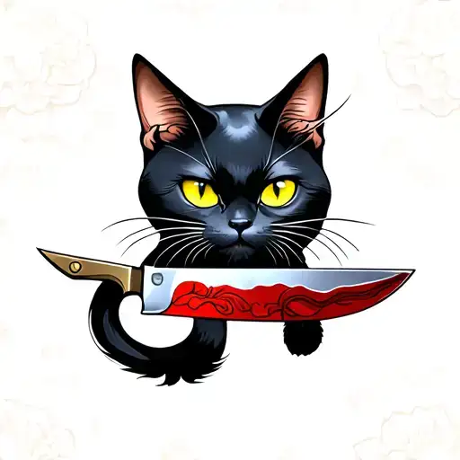 Black Cat With Knife In Mouth Yellow Eyes