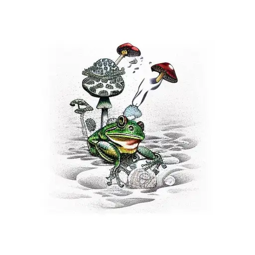 A Frog Smokes A Pipe Sitting On A Fly Agaric