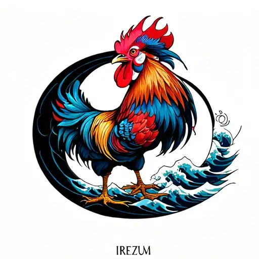 Rooster Inside Wave Forming The Letter C