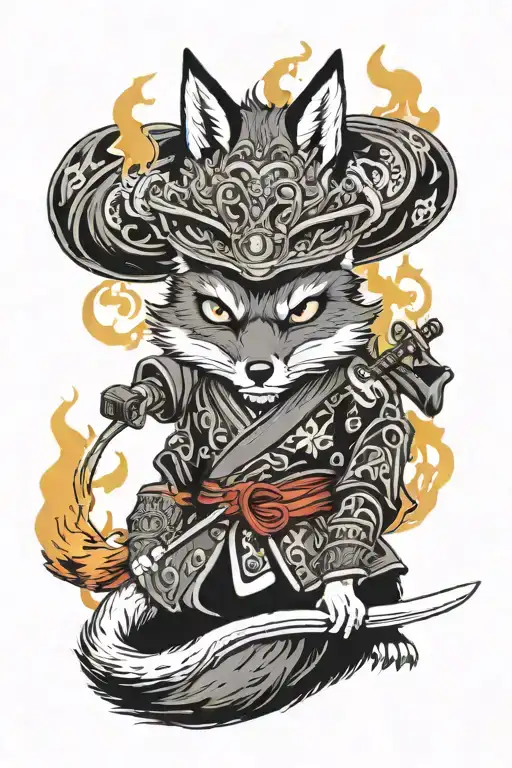 A Fox In A Mask Holds A Katana Wrapped In Fire