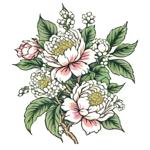 3 Peony's With A Lily Of The Valley Flowers