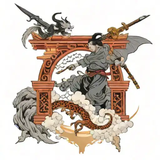 Heavens Gate And Devil's Gate With A Man Entering With A Sword