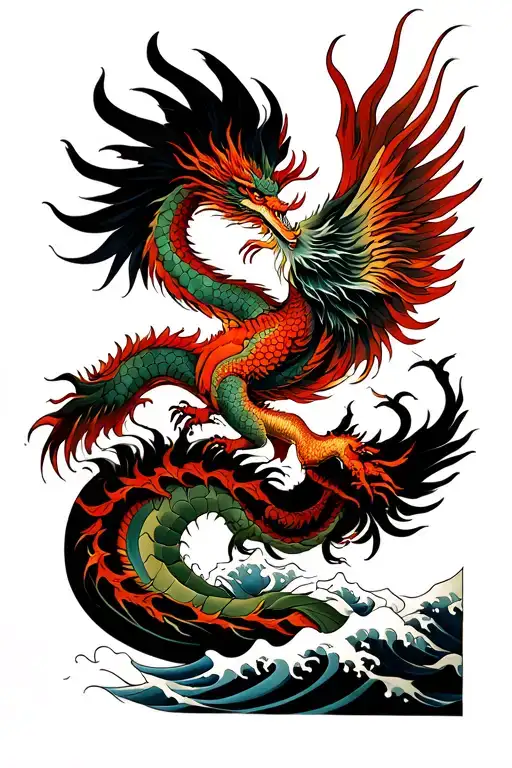 Phoenix And Japanese Dragon And Waves