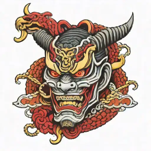 A Neotraditional Style Samurai Mask With Serpents Weaving Through The Design