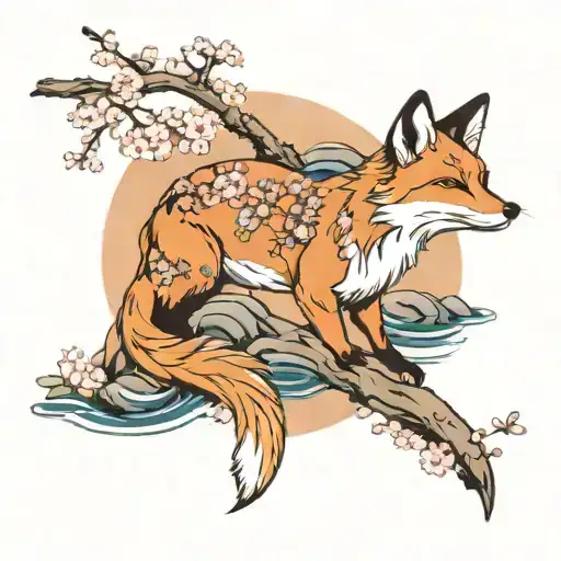 Cherry Blossom With The River And The Fox And The Moon
