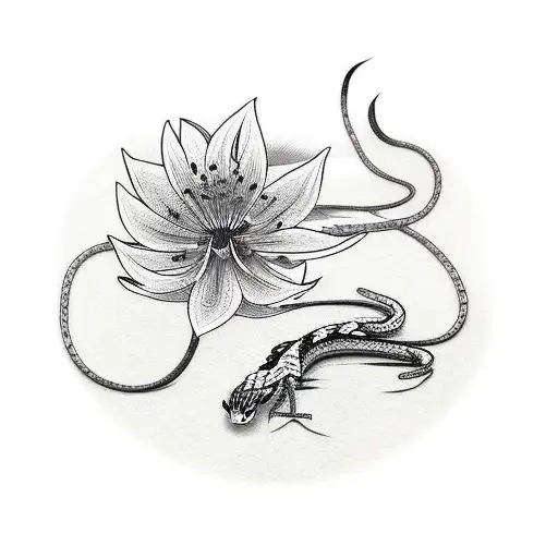 Katana In Front Of 2 Spider Lily And An Snake Around Them
