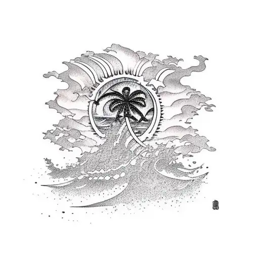 Beach With Palm Tree Waves Sun Rise