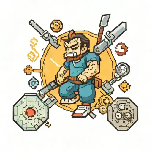 A Pixel Art Representation Of A Classic Gaming Character With Engineering Tools