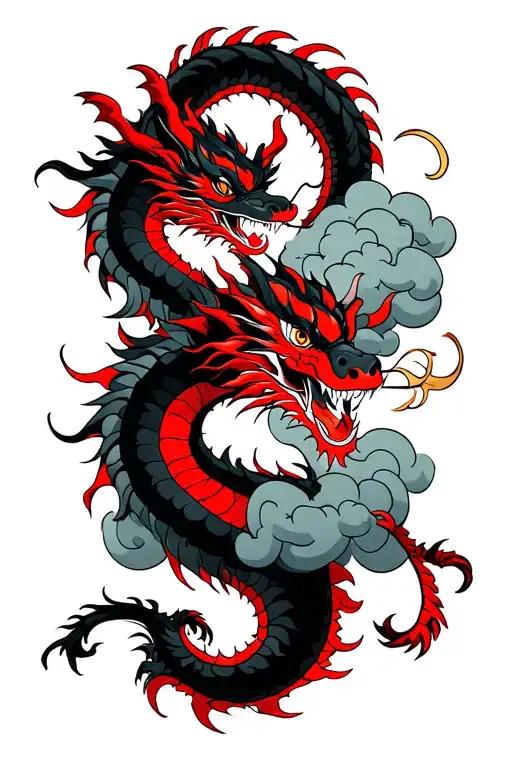 A Black And Red Chinese Dragon That's Breathing Clouds
