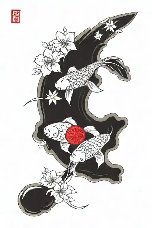 Chopping Koi Carp The Background Of The Red Moon And Flowers