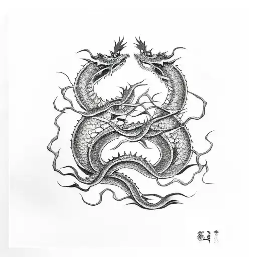 Two Black And White Japanese Dragons Entwined Around Each Other