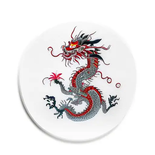 Chinese Dragon With A Red Spider Lily And The Lily Of The Valley