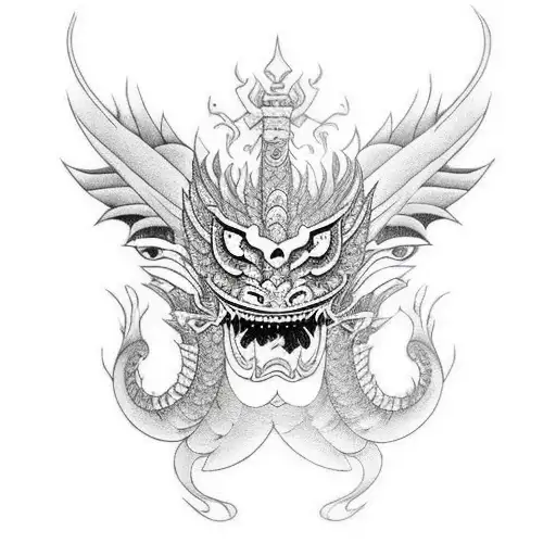 Dragon With Hennya Mask And Tori Gate And Tiger