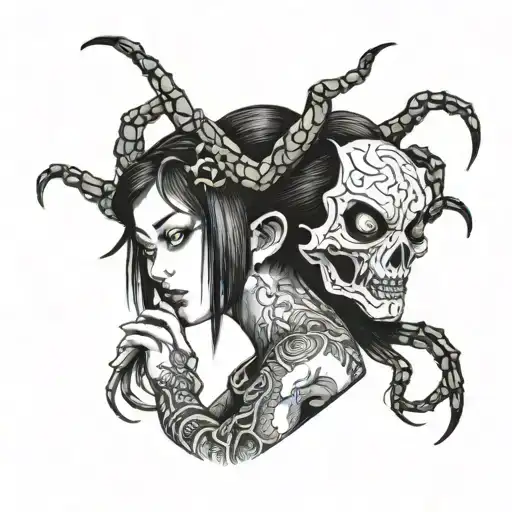 Horror Spider Girl Yokai Holding A Human Head