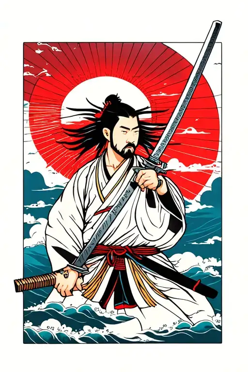 Samurai With Katana Sword Looking At The Sky With Rising Sun In The Background
