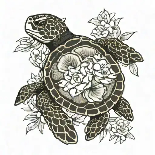 A Blackwork Design Of A Sea Turtle With Gardenias Blooming On Its Shell