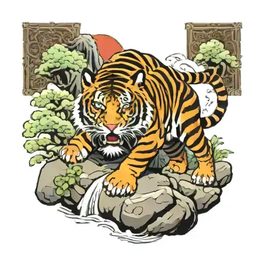 There Is A Sword And A Tiger On A Big Stone