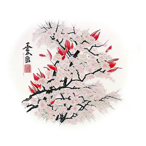 Sunny Spring Flowering Plum Tree Orchard With Flowering Red Tulips