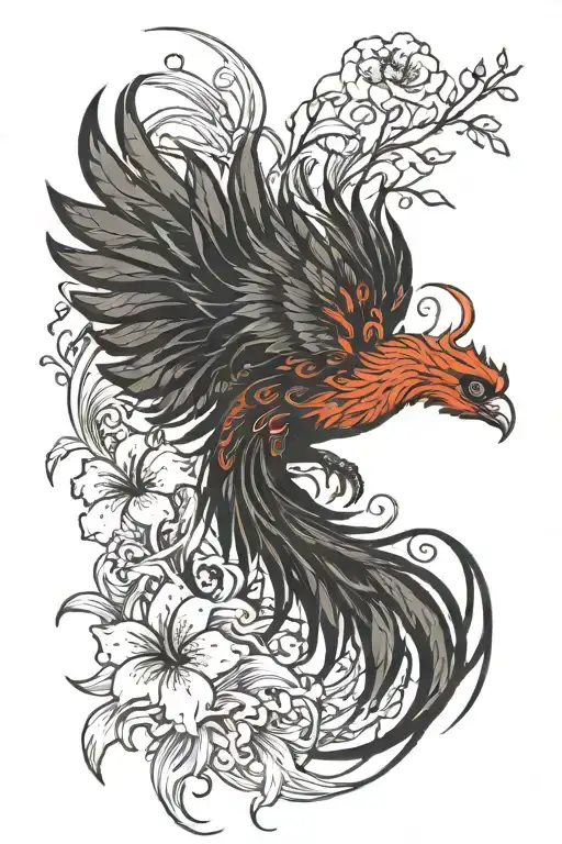 A Fiery Burning Phoenix With A Long Tail Surrounded By Red Spider Lilies On Fire