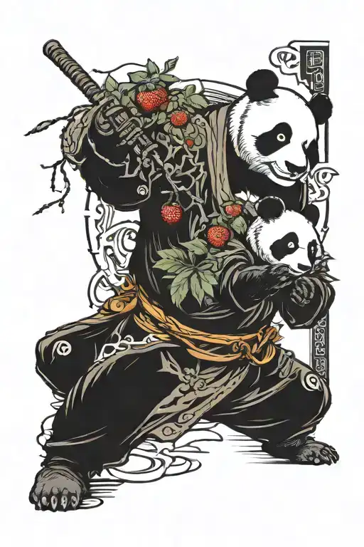 Panda Samurai Holding An Strawberry And Blueberry Wakling Throught The Torri Gate