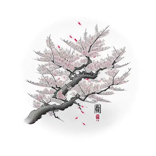 Cherry Blossom Tree With Crane