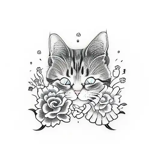 Cat Face With Flowers Around