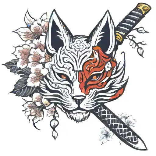 Kitsune Mask With Katana And Cherry Blossom Leaves