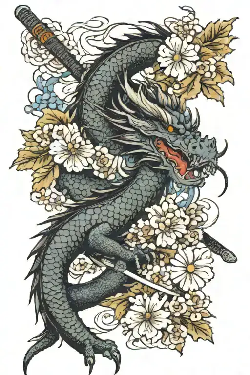 Dragon With Katana In Flowers