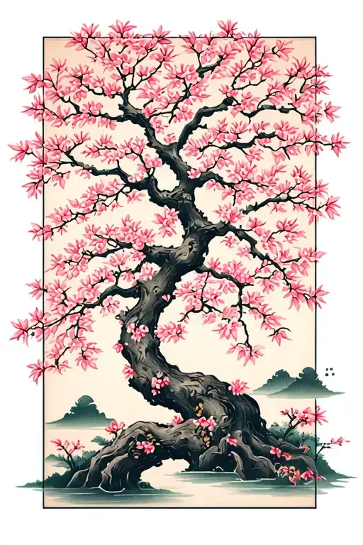 Cherry Blossom Tree With Leafs Spreading Life Intertwined