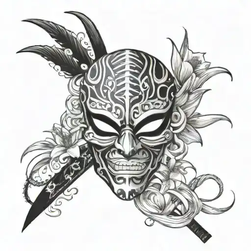 Half Mask With A Samurai Sword And Spider Lilly Behind It
