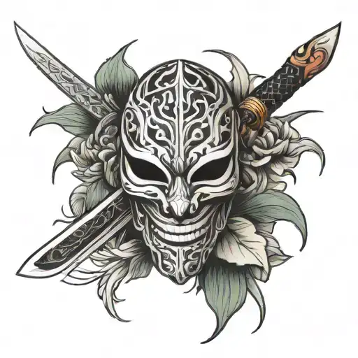 Half Mask With A Sword And Spider Lilly Behind It