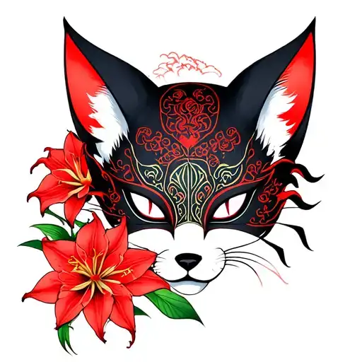 Kitsune Mask With Red Spider Lily Flowers Tattoo Design