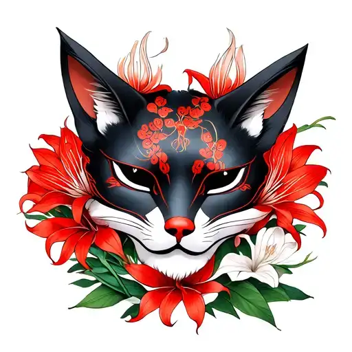 Kitsune Mask With Red Spider Lily Flowers Tattoo Design